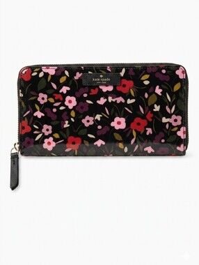 kate spade Black Floral Patent Zip Wallet with Pink & Red Blooms